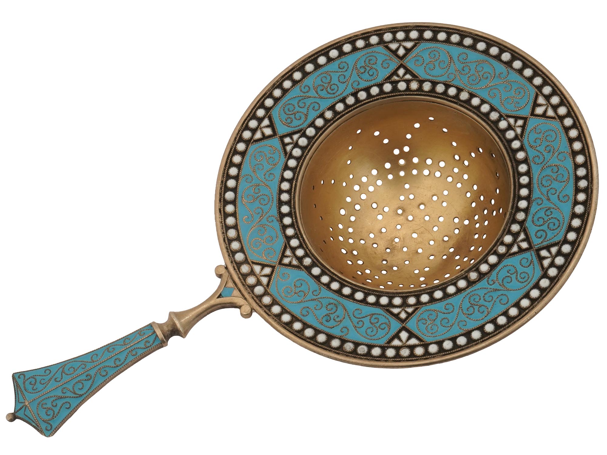 RUSSIAN GILT SILVER AND BLUE ENAMEL TEA STRAINER PIC-0